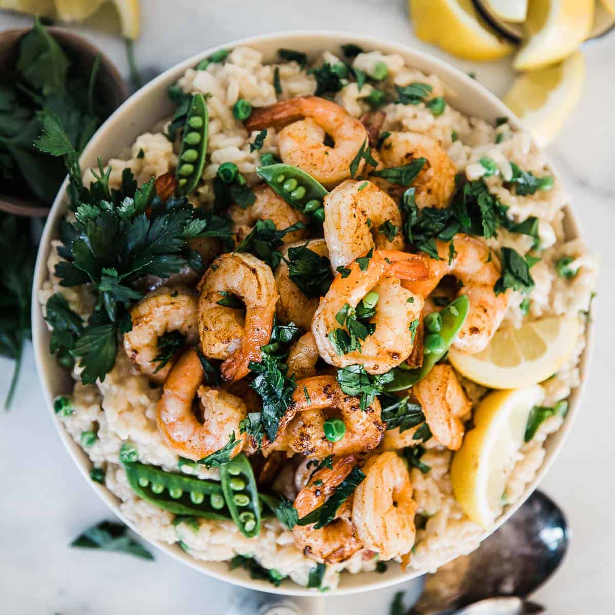 Decadently Creamy Risotto with Pan Seared Garlic Shrimp and Peas