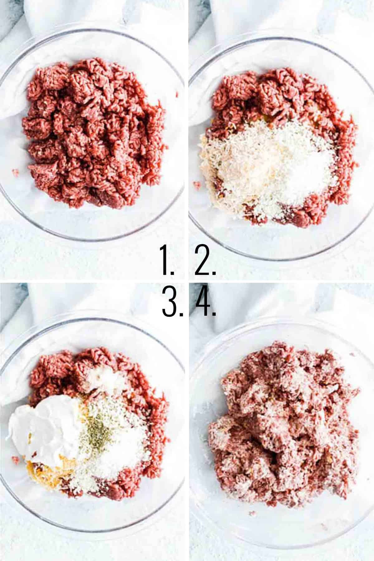 Step by step showing how to mix up the homemade meatballs for sweet and sour meatballs.