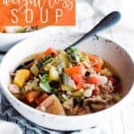 Pin for pinterest with bowl of weight loss soup and text on top. "how to make weight loss soup"
