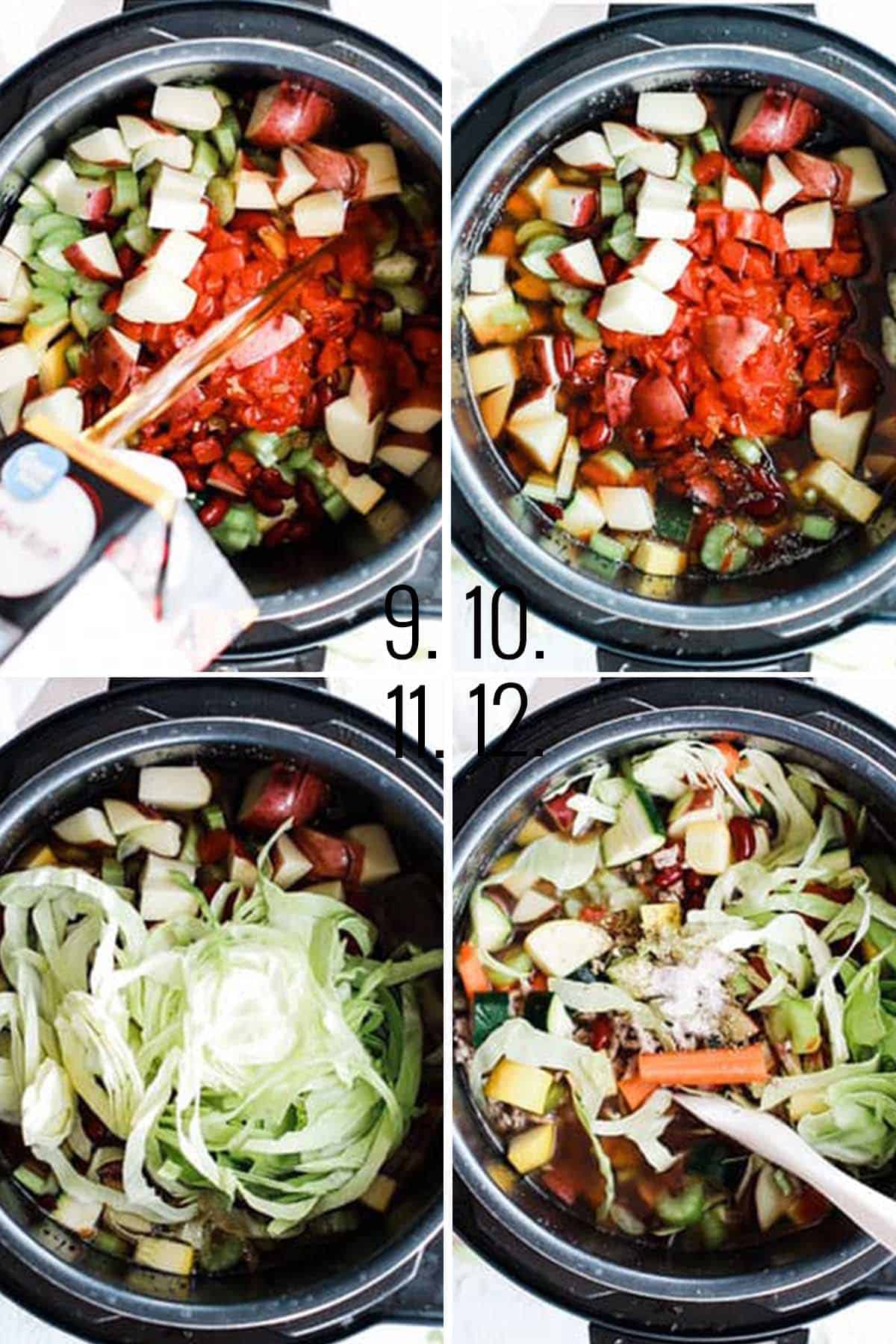 Collage of adding the ingredients to the instant pot for weight loss soup.