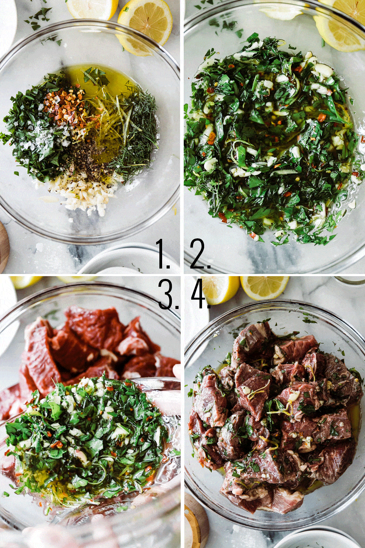 Four step by step photos showing herb marinade and lamb being tossing in marinade. 