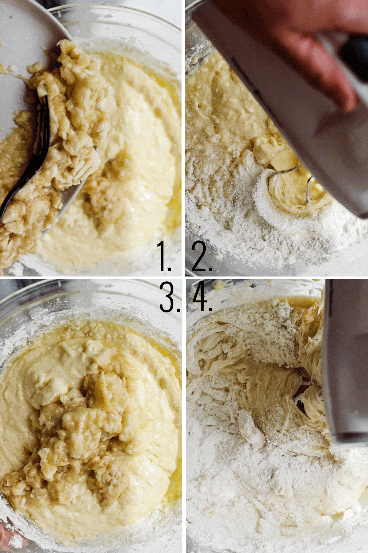 Steps showing wet, banana and dry ingredients being added and mixed in a large glass bowl. 
