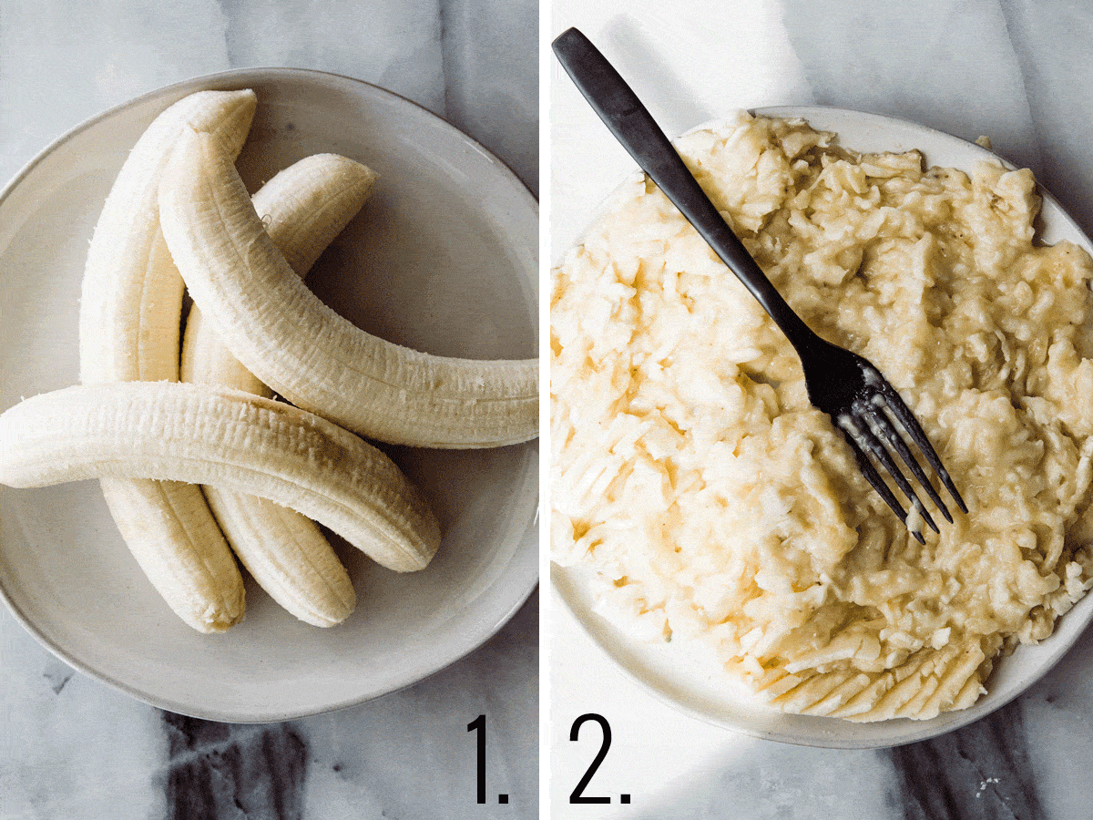 Two photos, one of bananas on a plate second of the same bananas mashed with a black fork. 