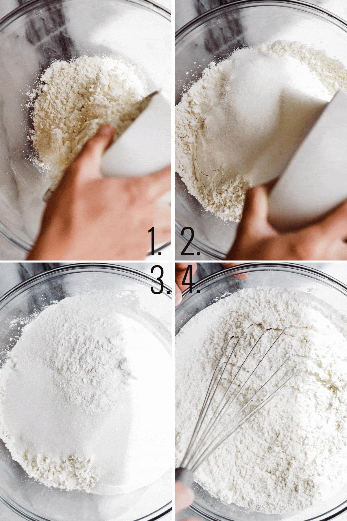 Four photos adding dry ingredients to a glass bowl. 