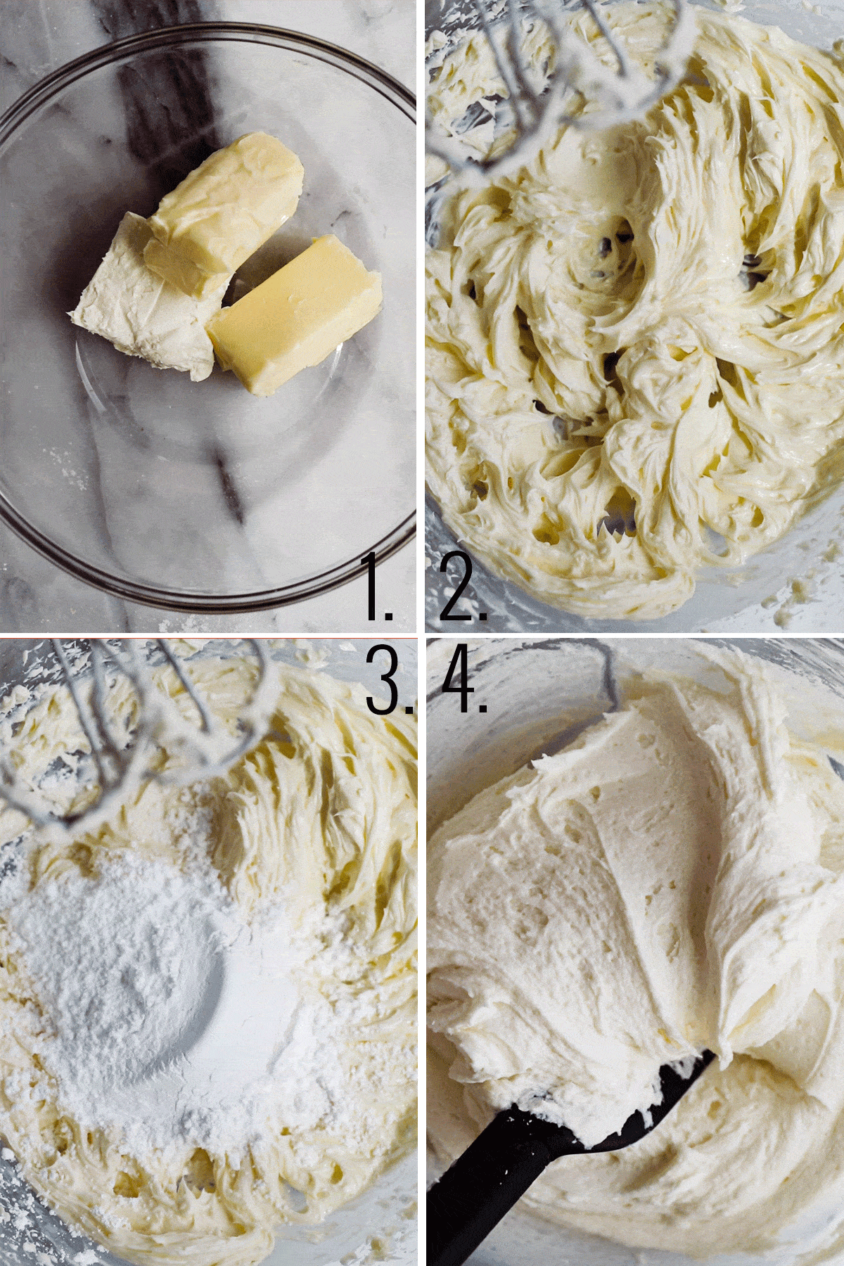 Four photos adding cream cheese frosting to bow, beating and end shot of fluffy frosting. 