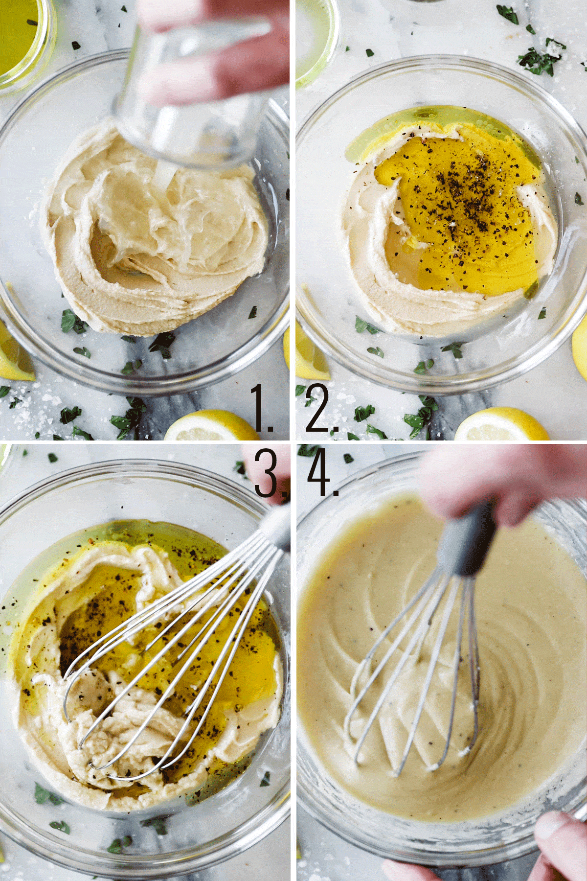 Hummus, lemon juice, olive oil and seasoning added to a bowl and whisked together. 