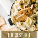 Pin for pinterest graphic for hot artichoke parmesan dip with text on top.
