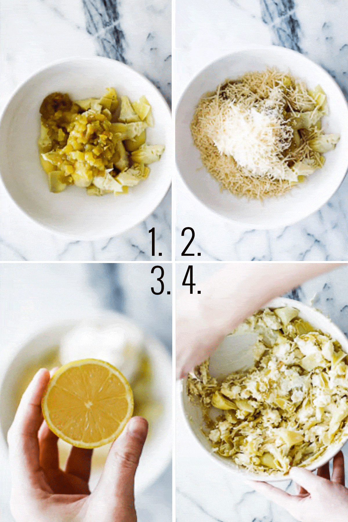 Collage of images showing the steps to make green chile artichoke dip.