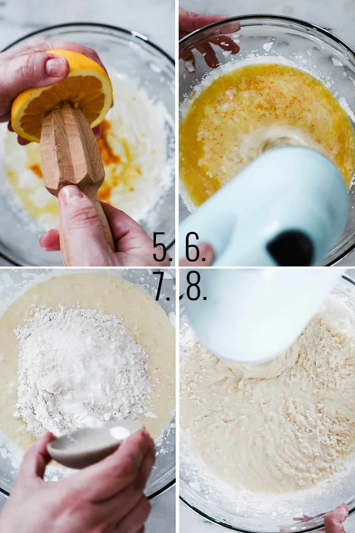 An orange being juiced, batter being mixed with flour and leveler.