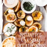 Pin for pinterest graphic with image of stuffed potato skins on a table with text on top.