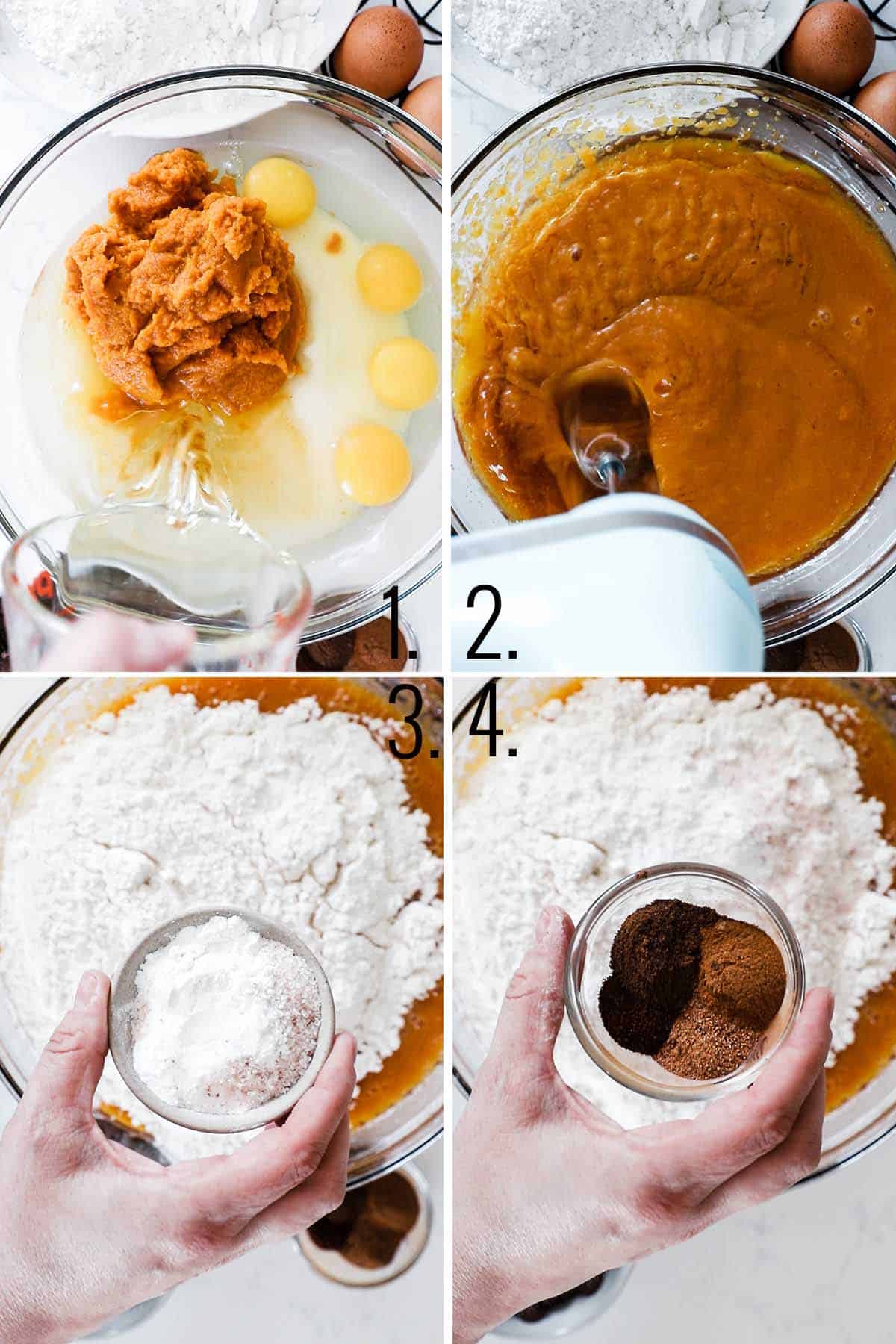 sugar, oil, eggs, and pumpkin being mixed in a bowl. Flour being added with leaven.