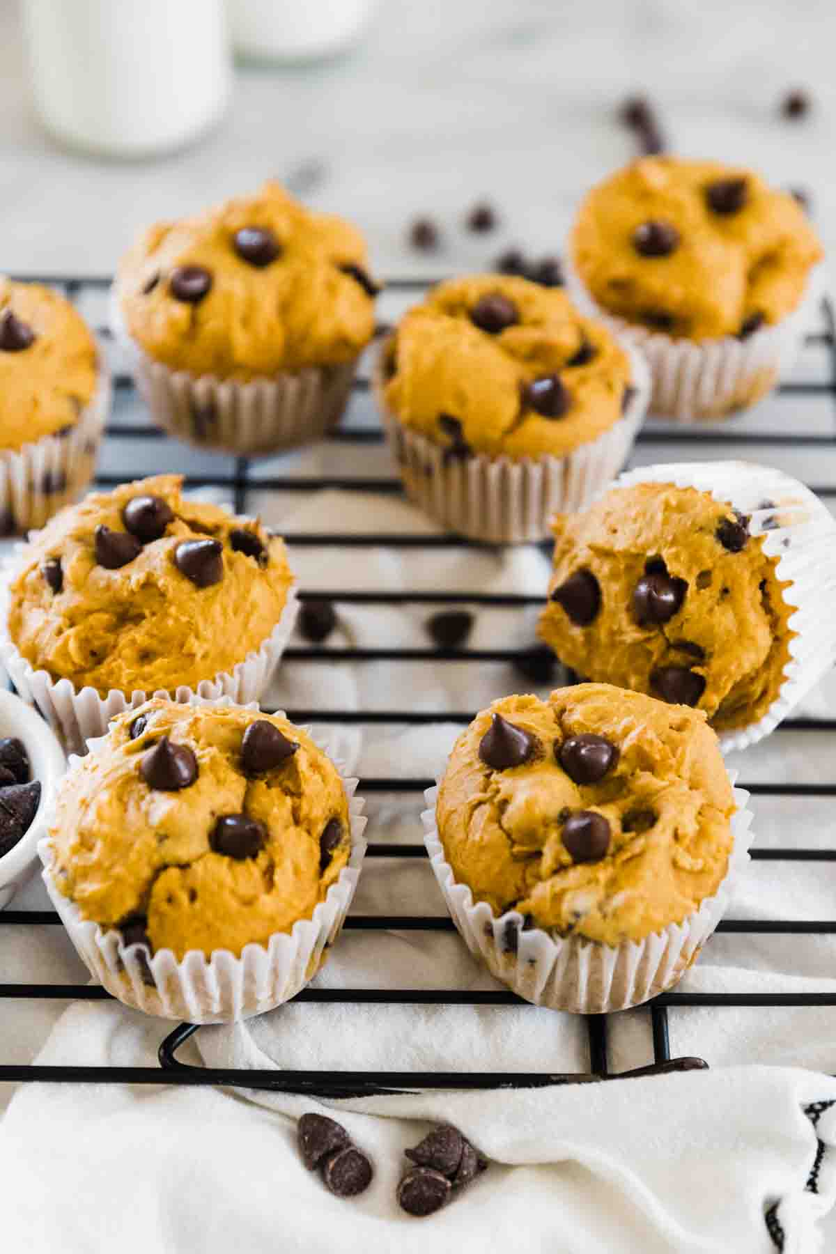 Easy pumpkin muffins on a cooling rack, garnished with chocolate chips.