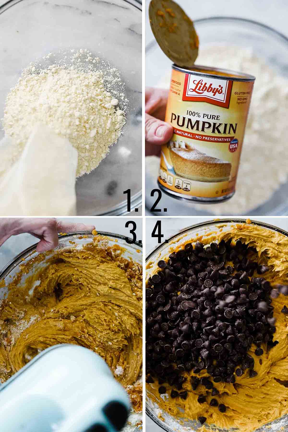 Cake mix and canned pumpkin being blended together in a mixing bowl with chocolate chips.