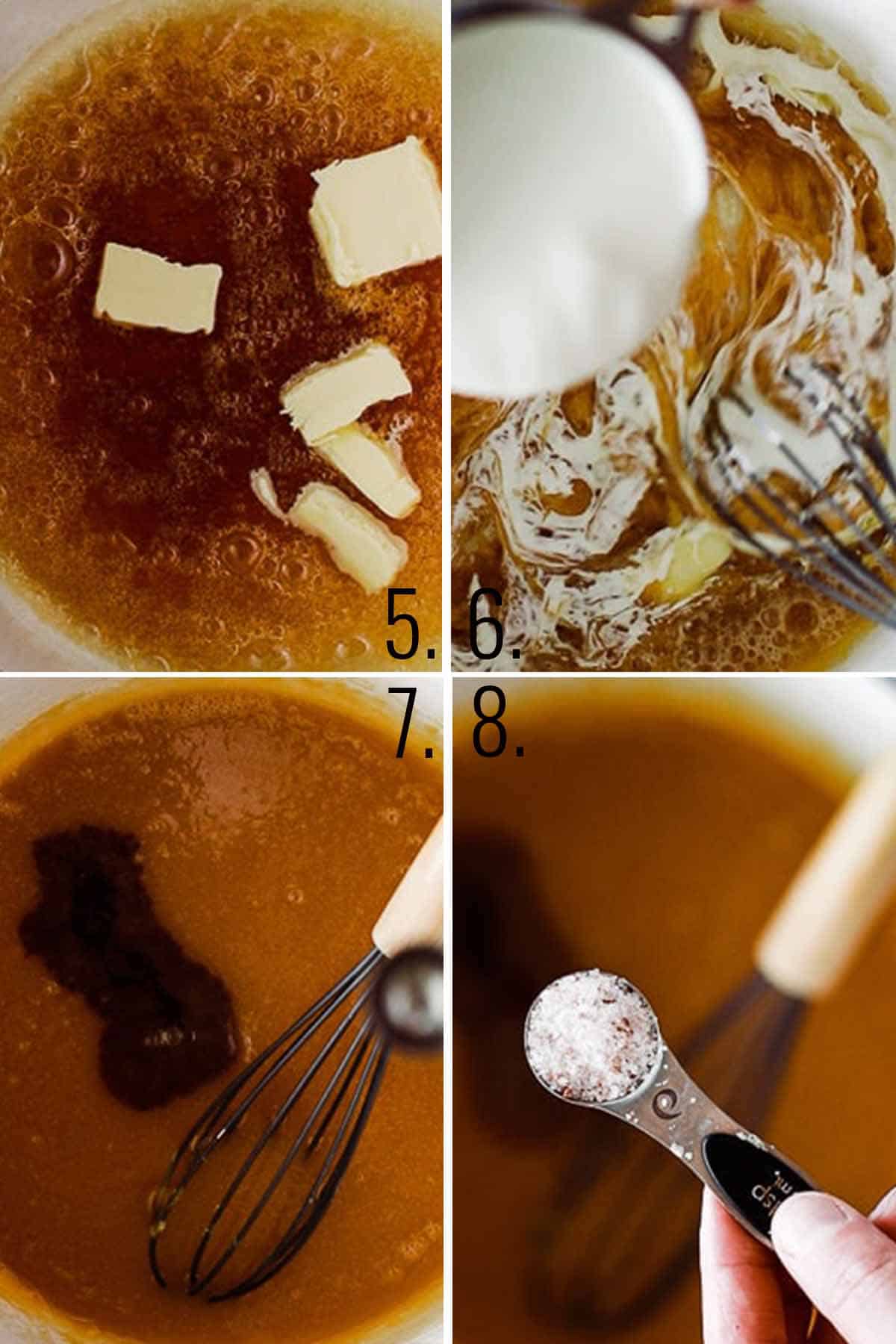 Butter, cream, vanilla, and salt being added to caramel.