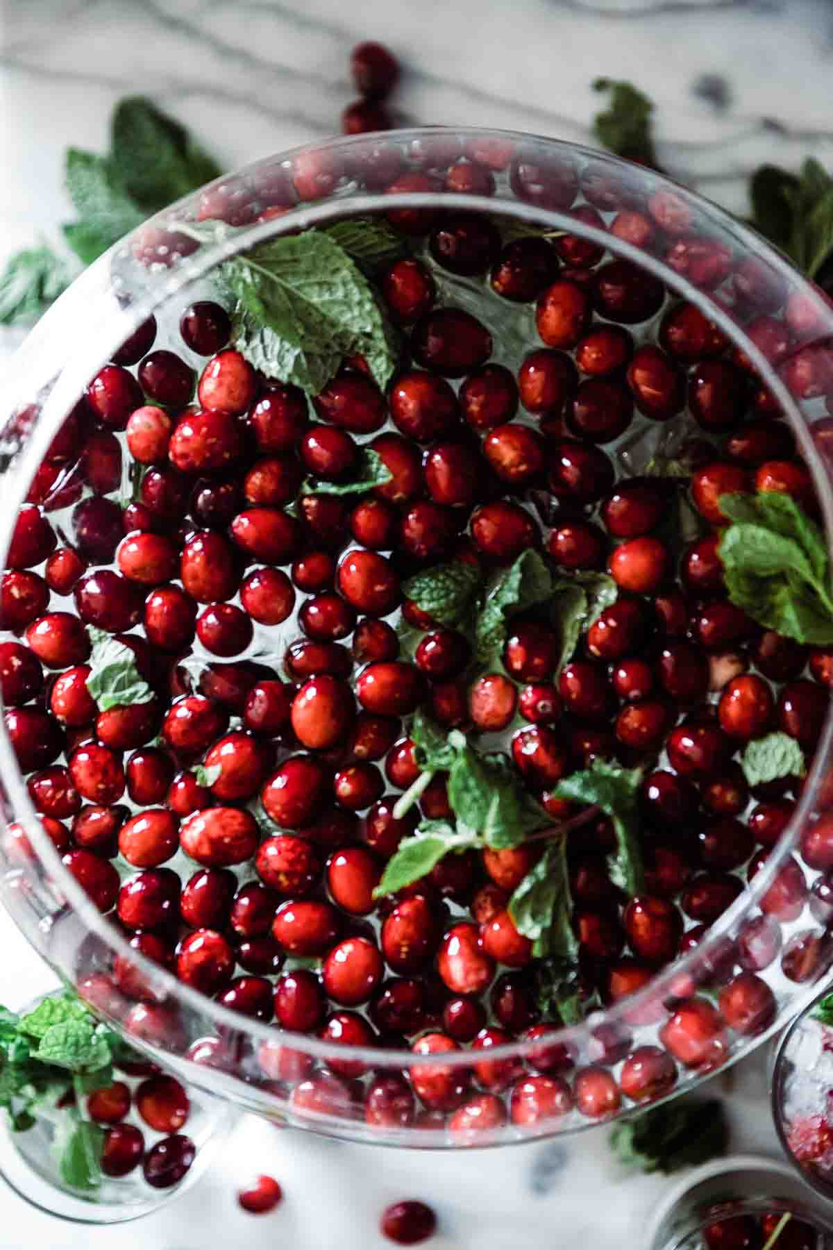An overhead shot of cranberry mint water in a punch bowl.
