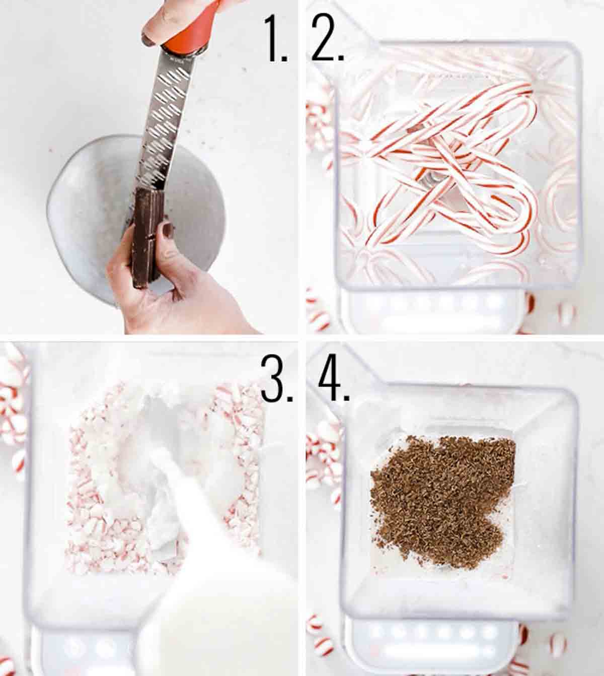 Candy canes and chocolate being placed in a blender.