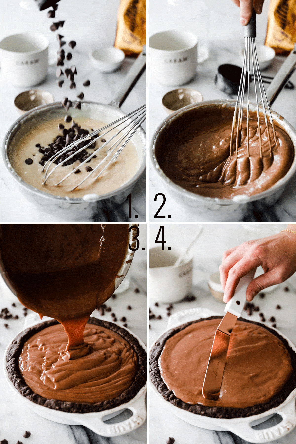 Four photos showing chocolate chips being stirred into custard and poured into the pie crust. 