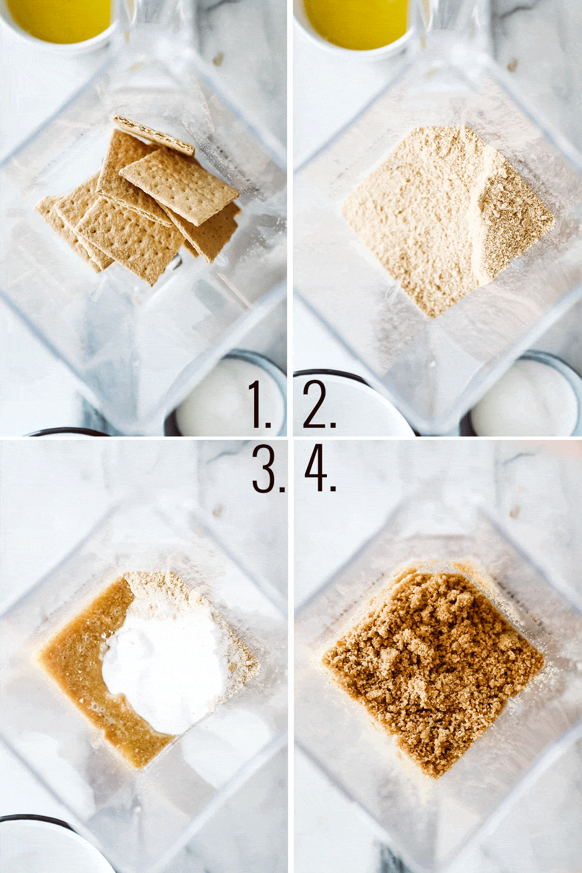 Four photos of blending graham cracker crust ingredients.