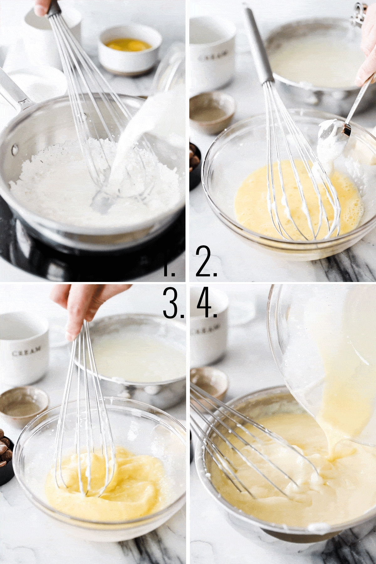 Four photos showing custard filling being cooked. 

