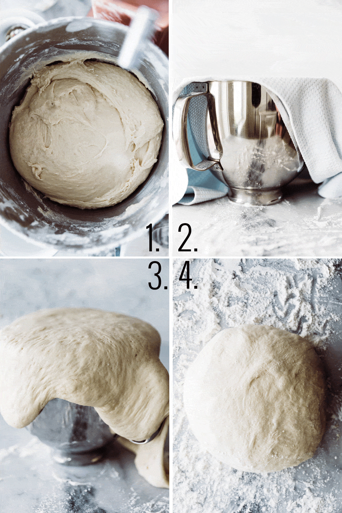 Four photos showing dough in bowl, towel over dough while it rises, dough rising over the bowl and then on floured marble surface. 