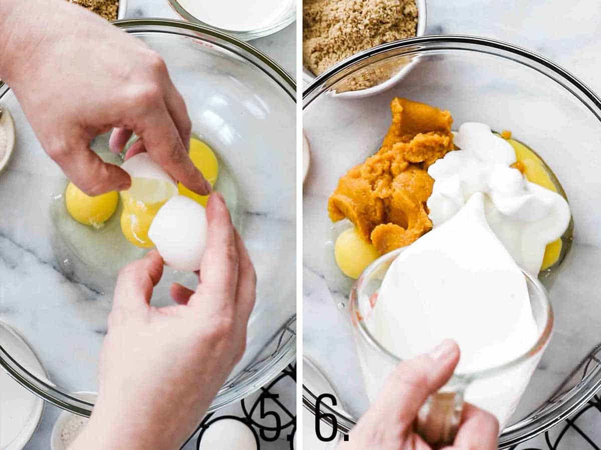 Egg, sugar, and pumpkin being poured into a mixing bowl.