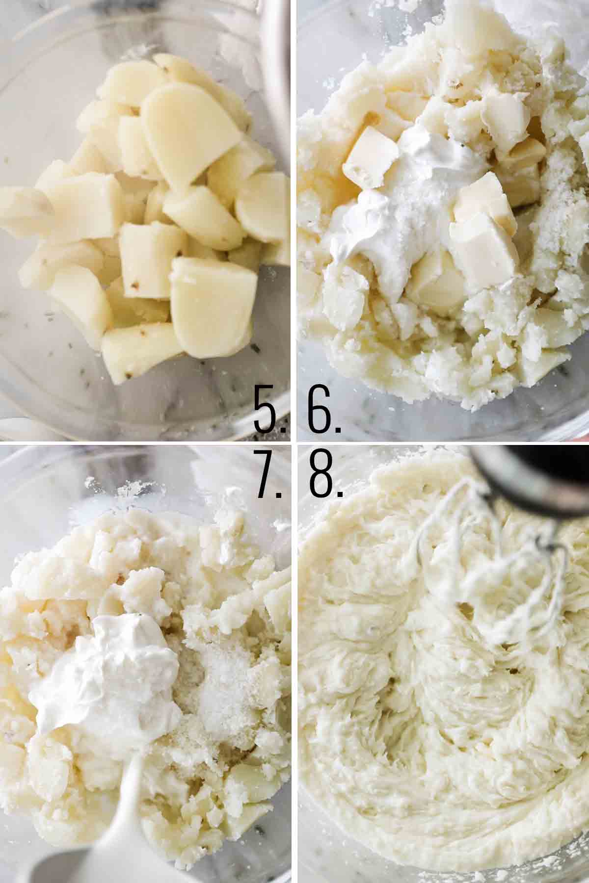 Four photos showing ingredients added to pressure cooked potatoes in a glass bowl.