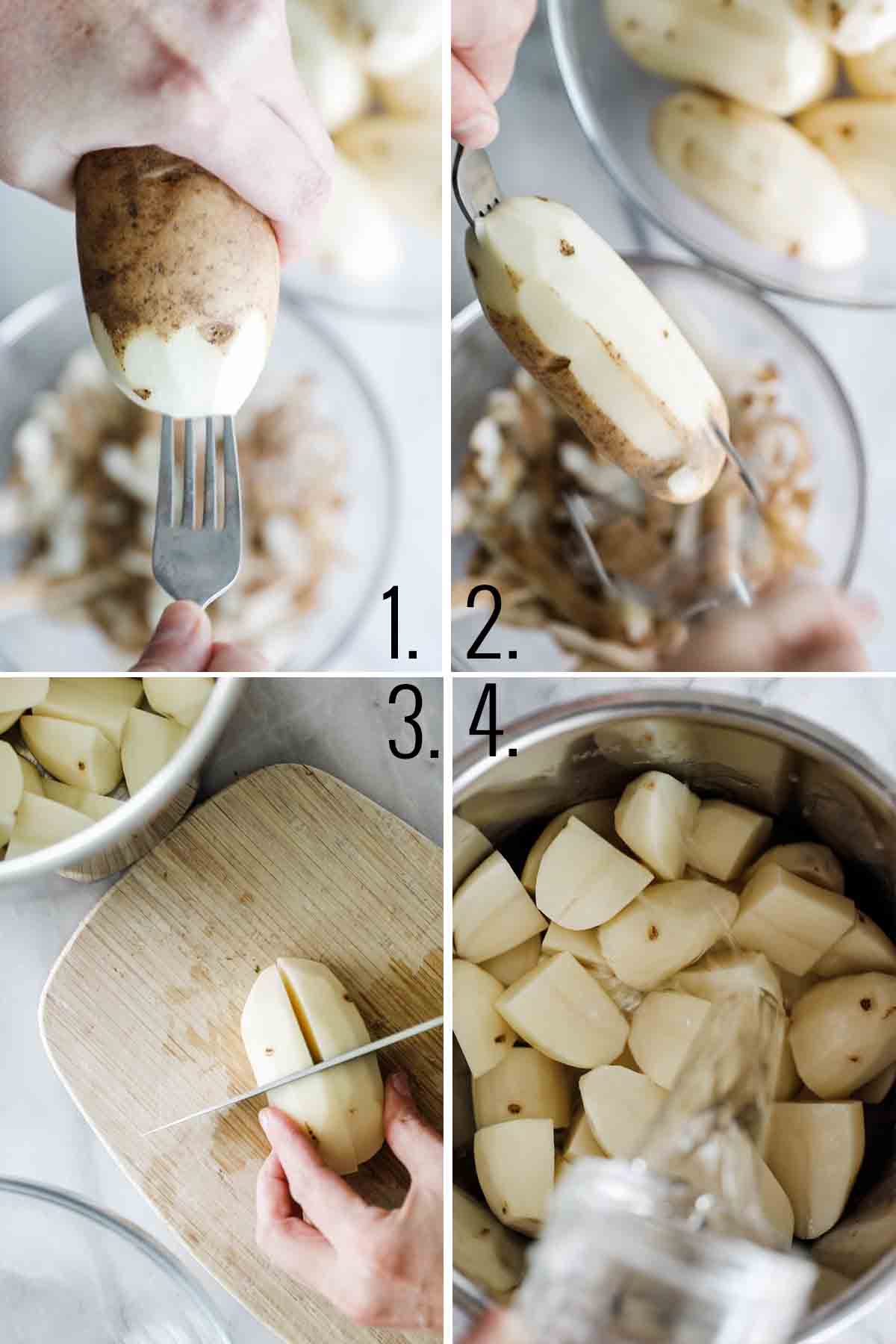 Photos showing peeling potatoes and cutting into quarters.