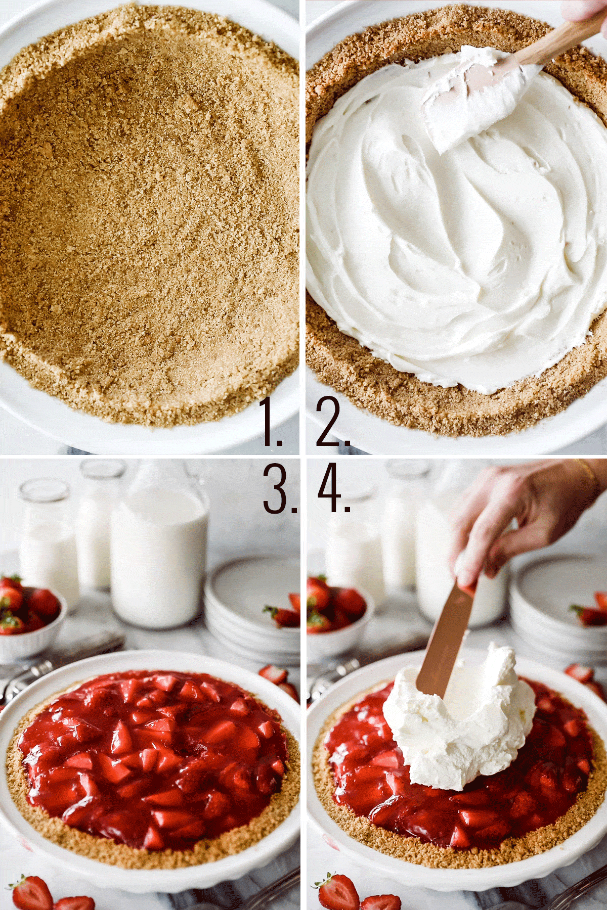 Layering graham cracker crust, cream cheese mixture and strawberry jello filling. Topped with whipped cream. 