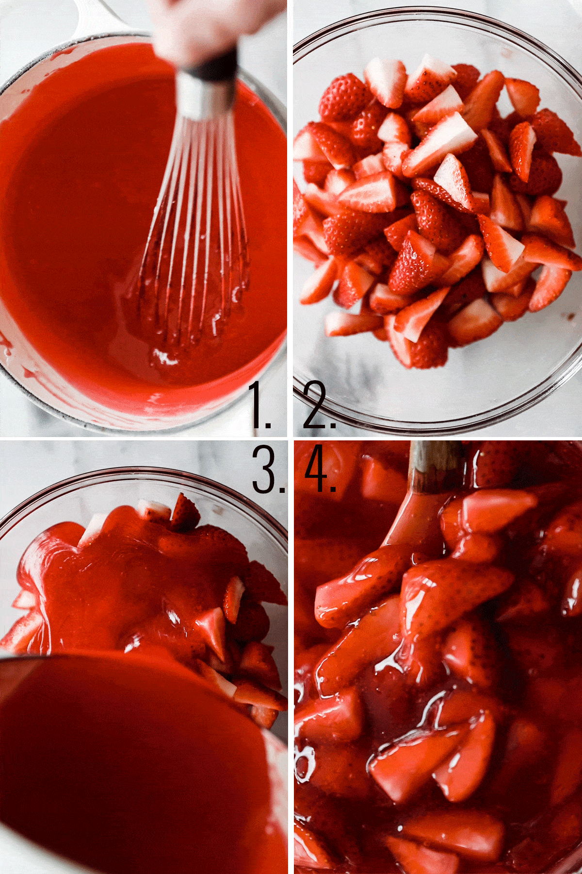 Sliced strawberries and jello mixture combined together in the glass bowl. 