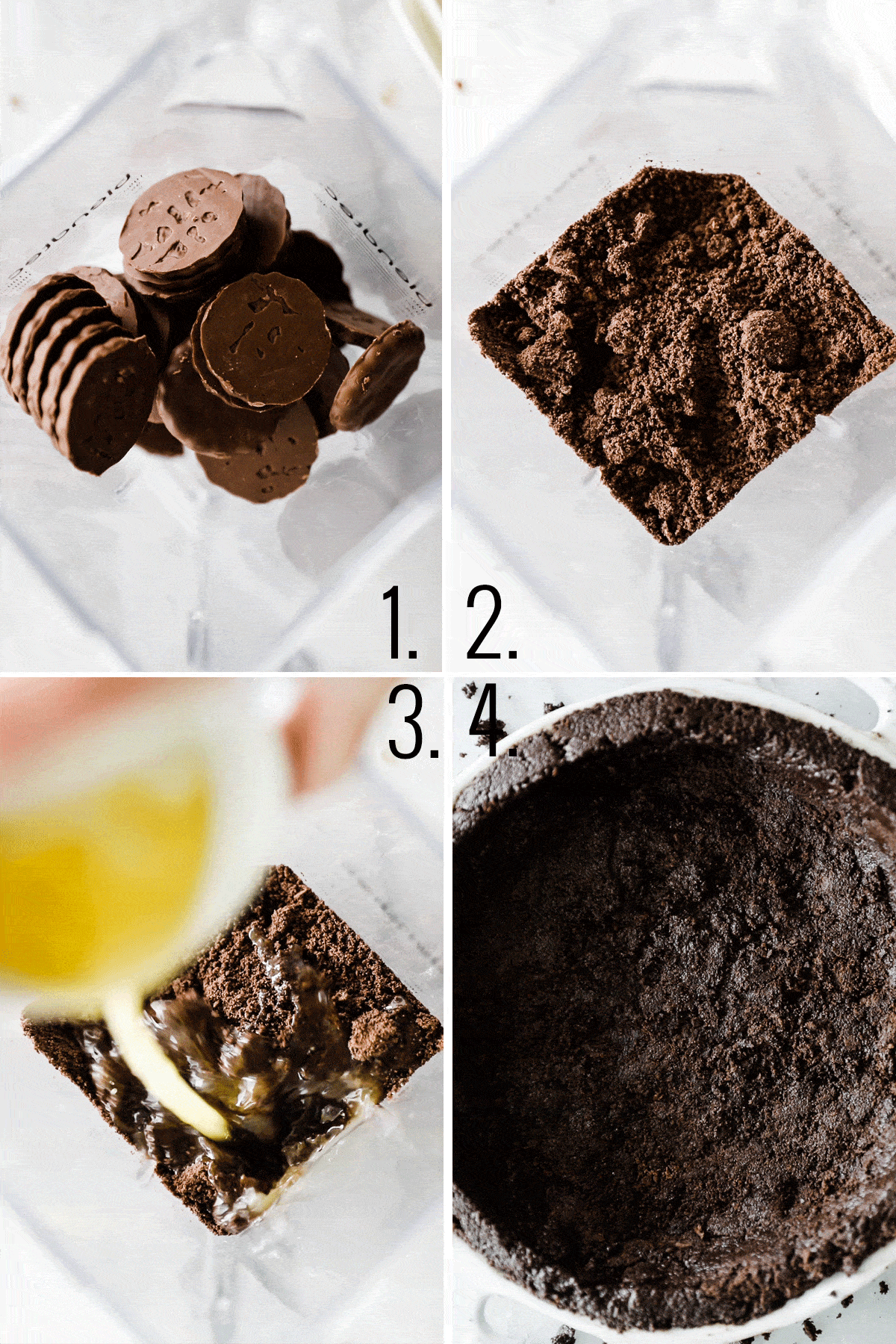 Four photos showing thin mints crushed, add butter and then pressed into pie pan. 