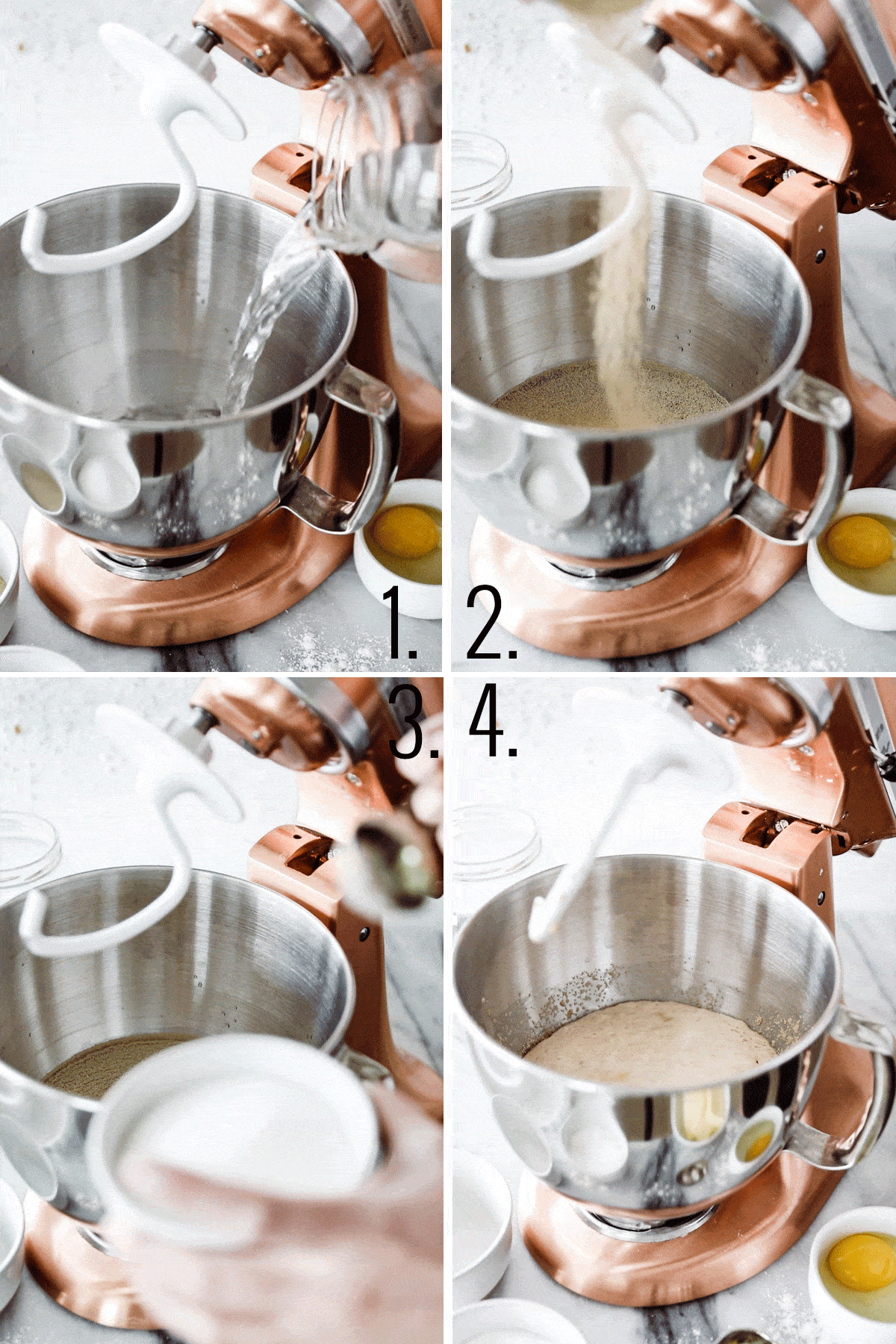 Four images of ingredients being added to a copper kitchen aid. 