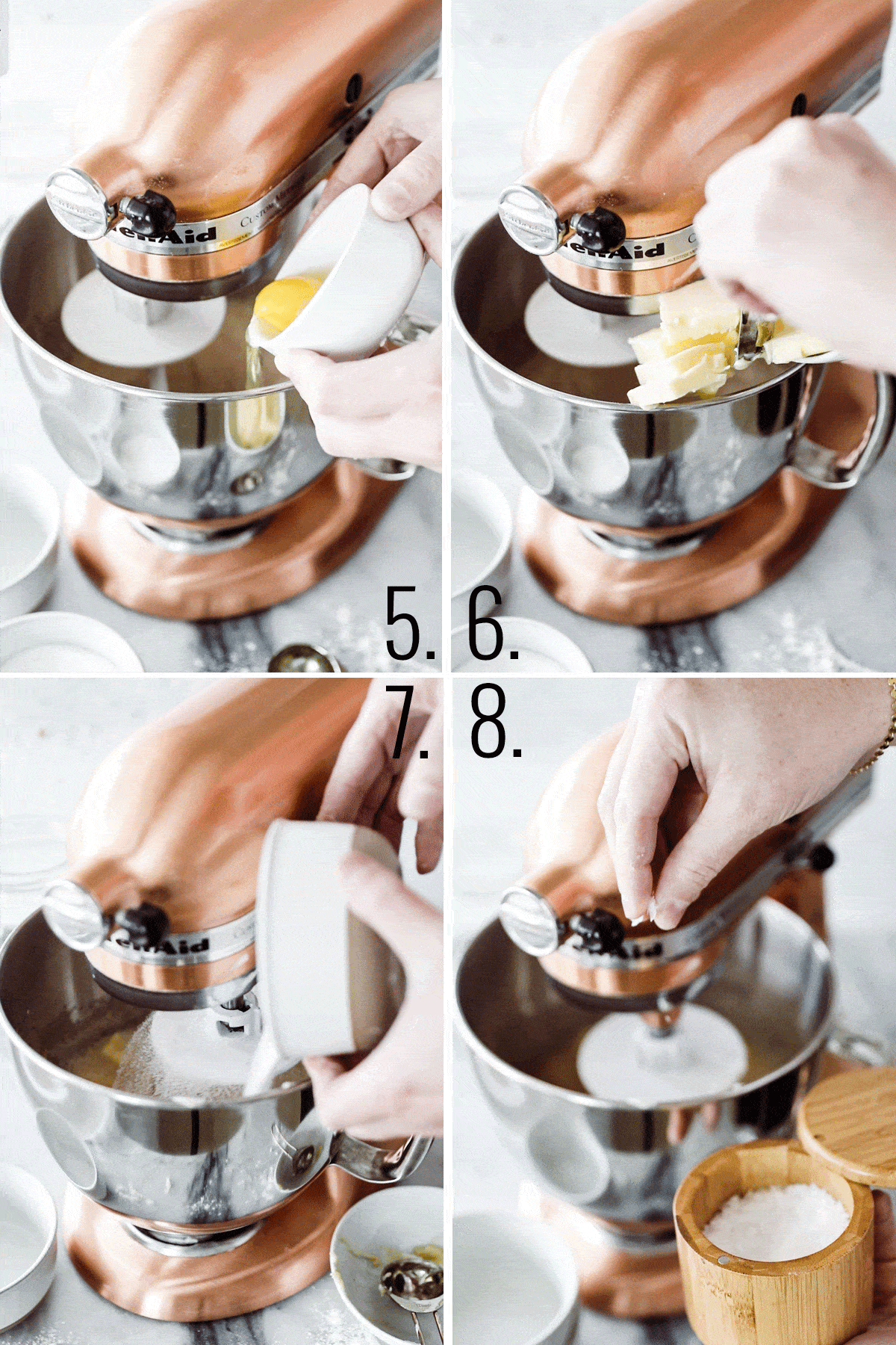 Four images of a copper kitchen aid and ingredients being added to the dough mixture. 