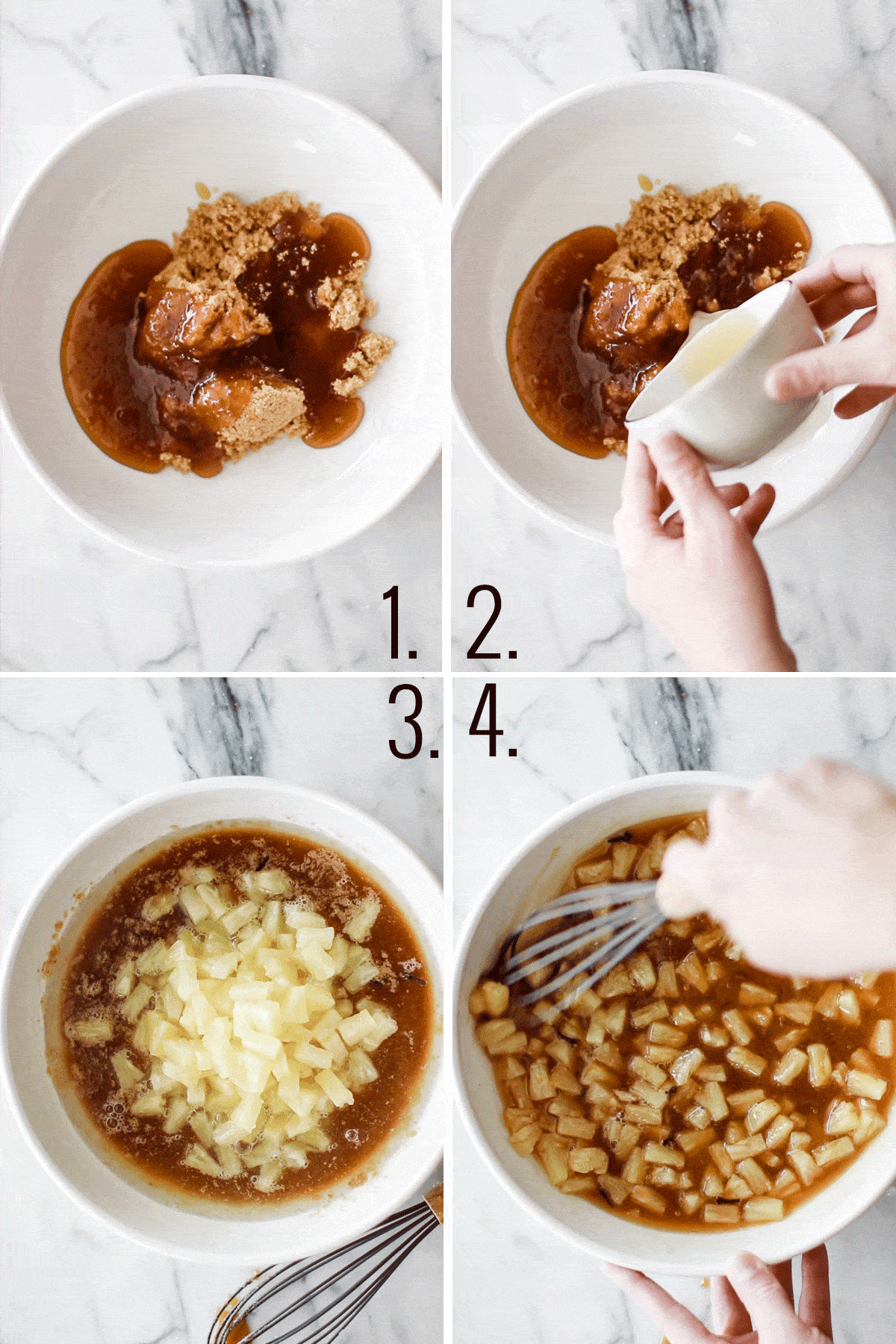Four photos adding glaze ingredients to bowl and stirring. 