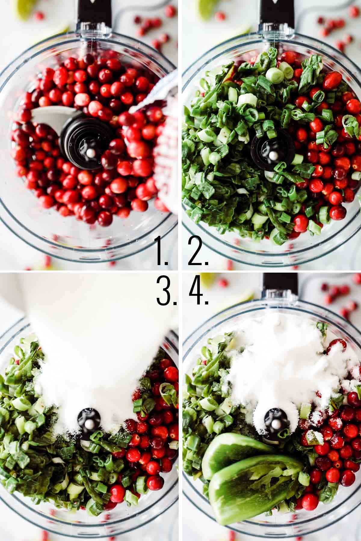 Adding cranberry salsa ingredients to a food processor. 