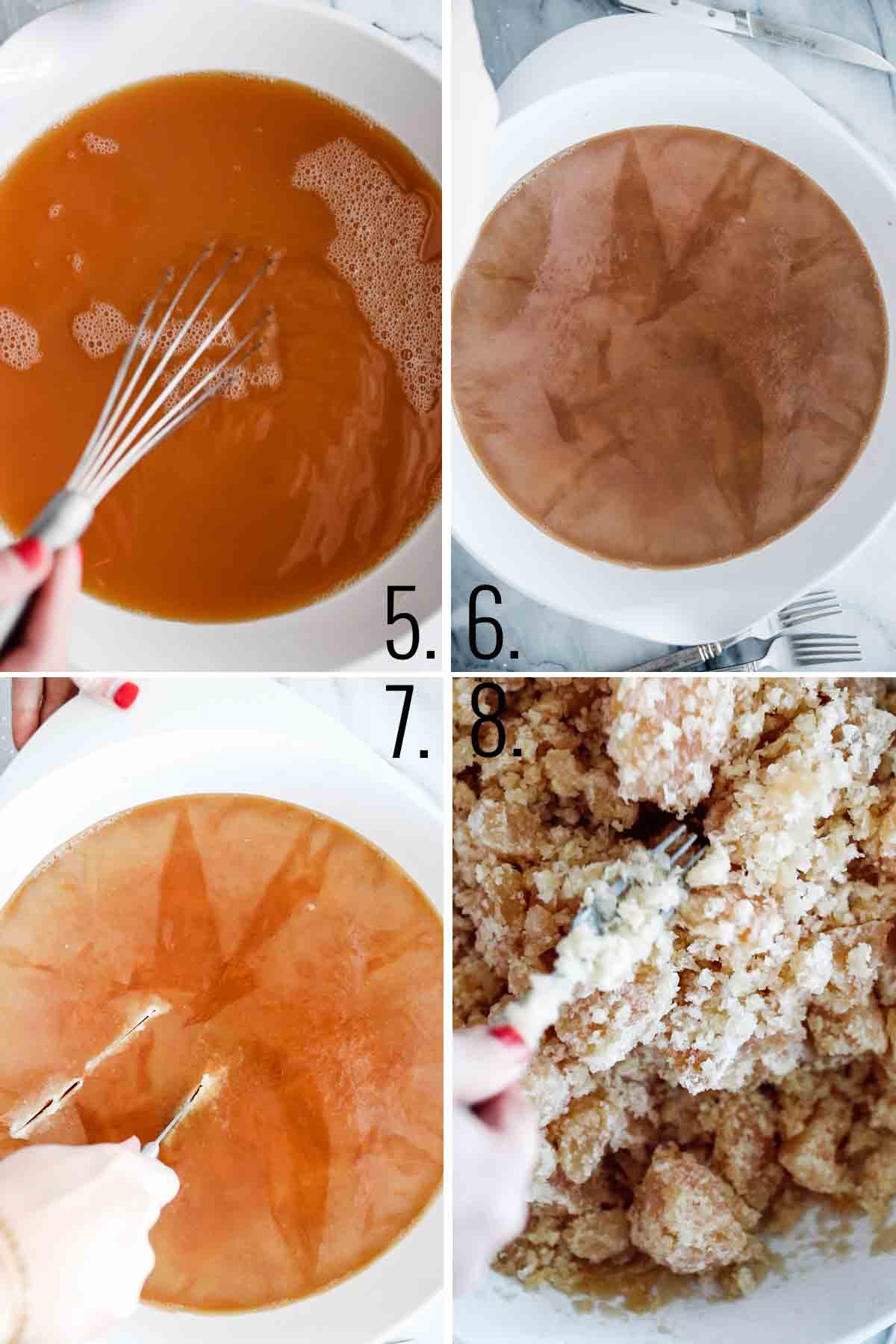 Stirring juices together. Frozen juice in a large bowl and breaking it up into chunks. 