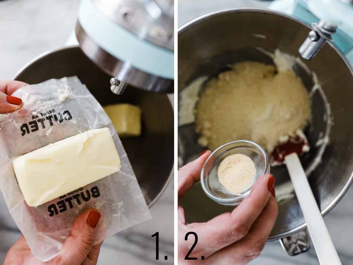 Butter and parmesan being whipped in a stand mixer.
