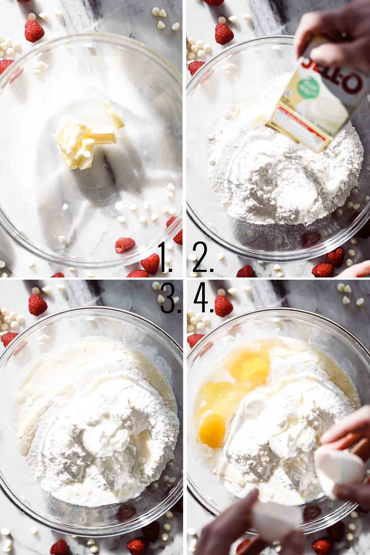 Large glass bowl adding cake mix and butter, sour cream milk, eggs and jello packet. 