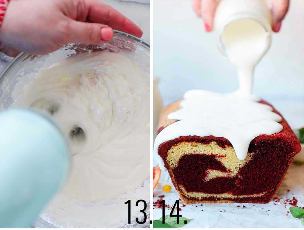 Vanilla glaze being poured on loaf cake.