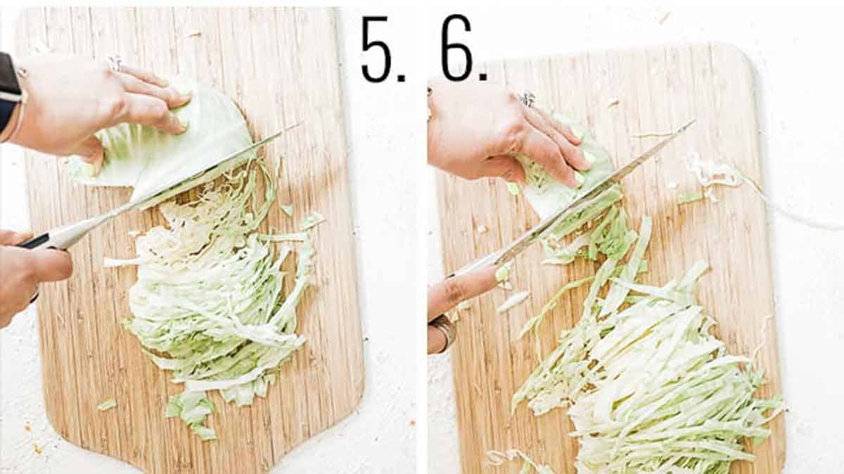 Slicing the cabbage to make shredded pieces.