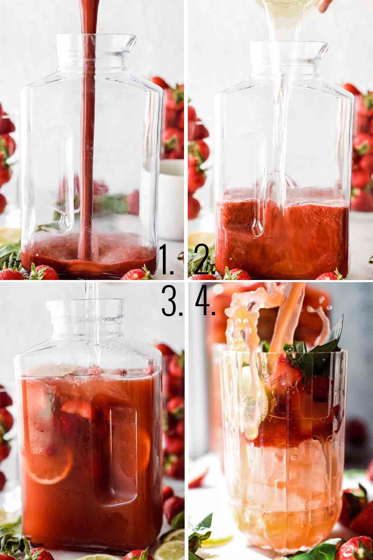 Adding strawberry mixture, simple syrup, lemon juice and water to pitcher.
