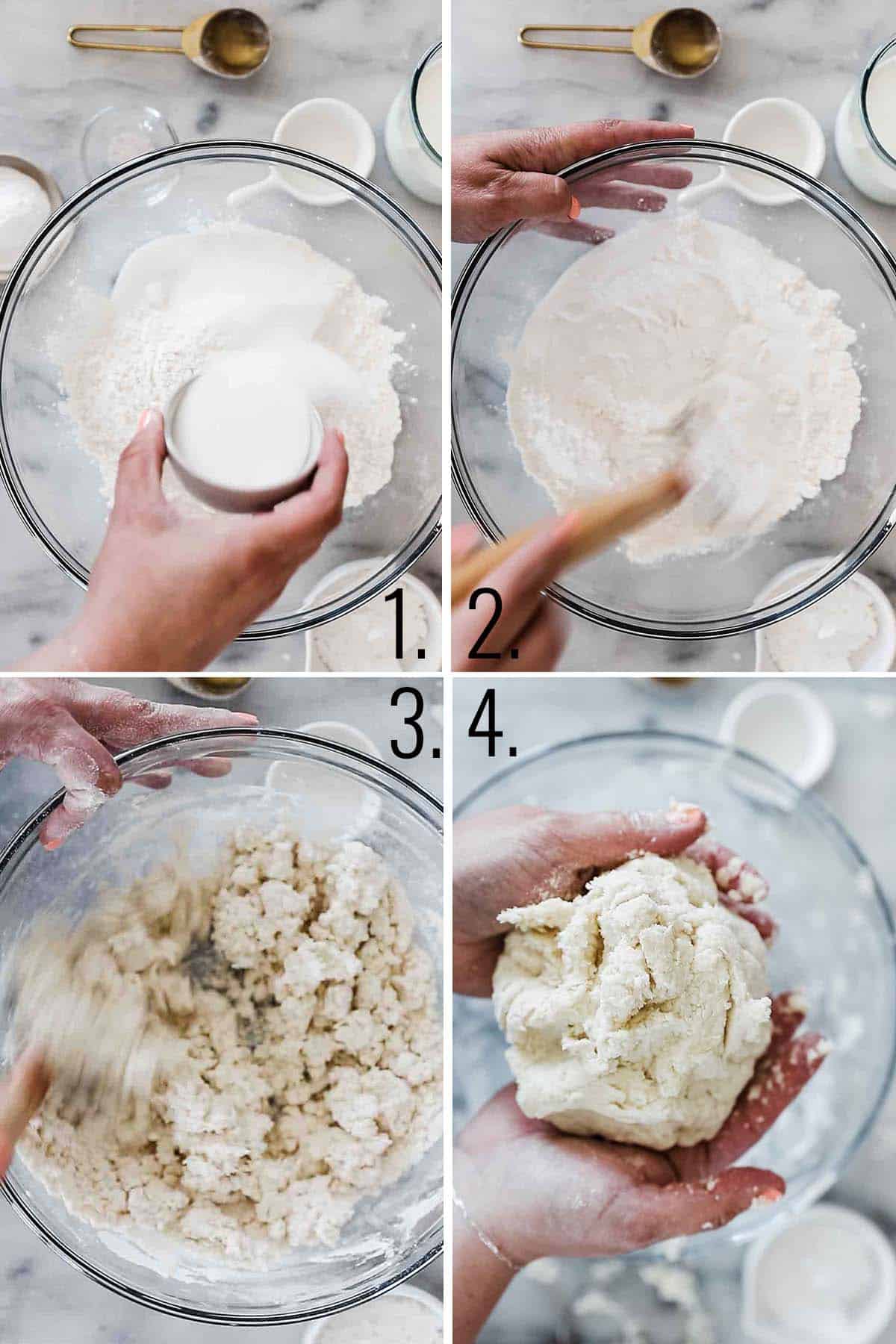 A collage of images showing the steps for making the dough for the shortcakes.