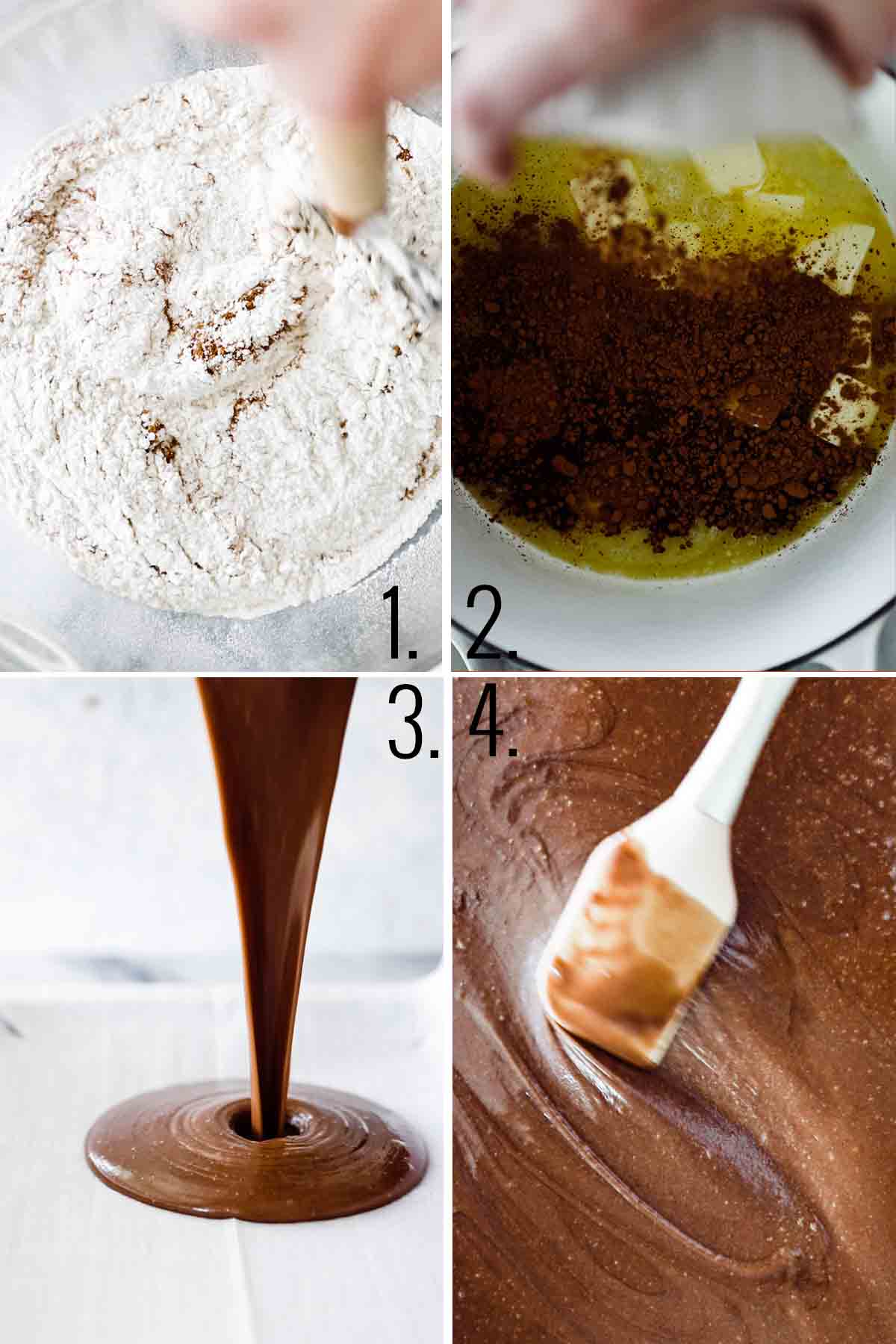 Four photos showing the process of making the batter. Mixing the dry ingredients and boiling the remaining ingredients. 