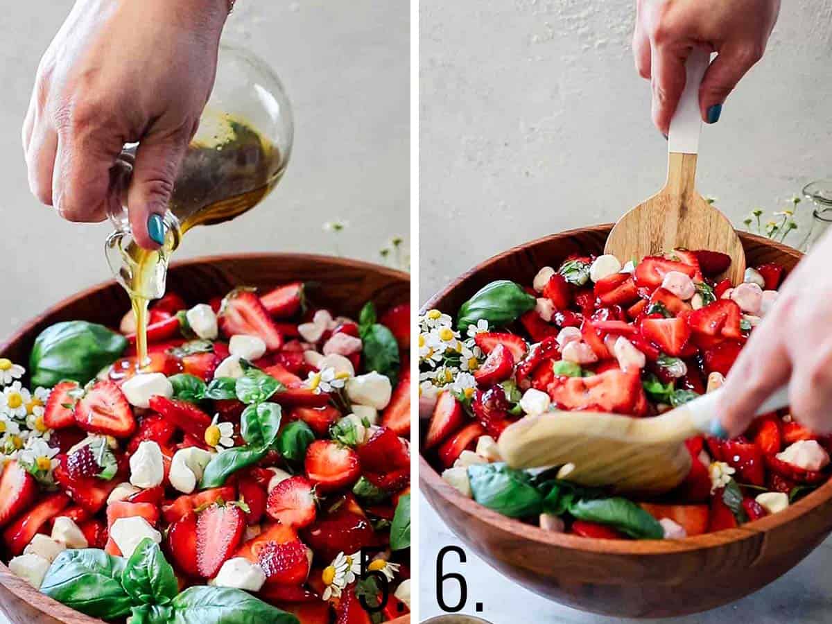 Pouring dressing on strawberry caprese salad.