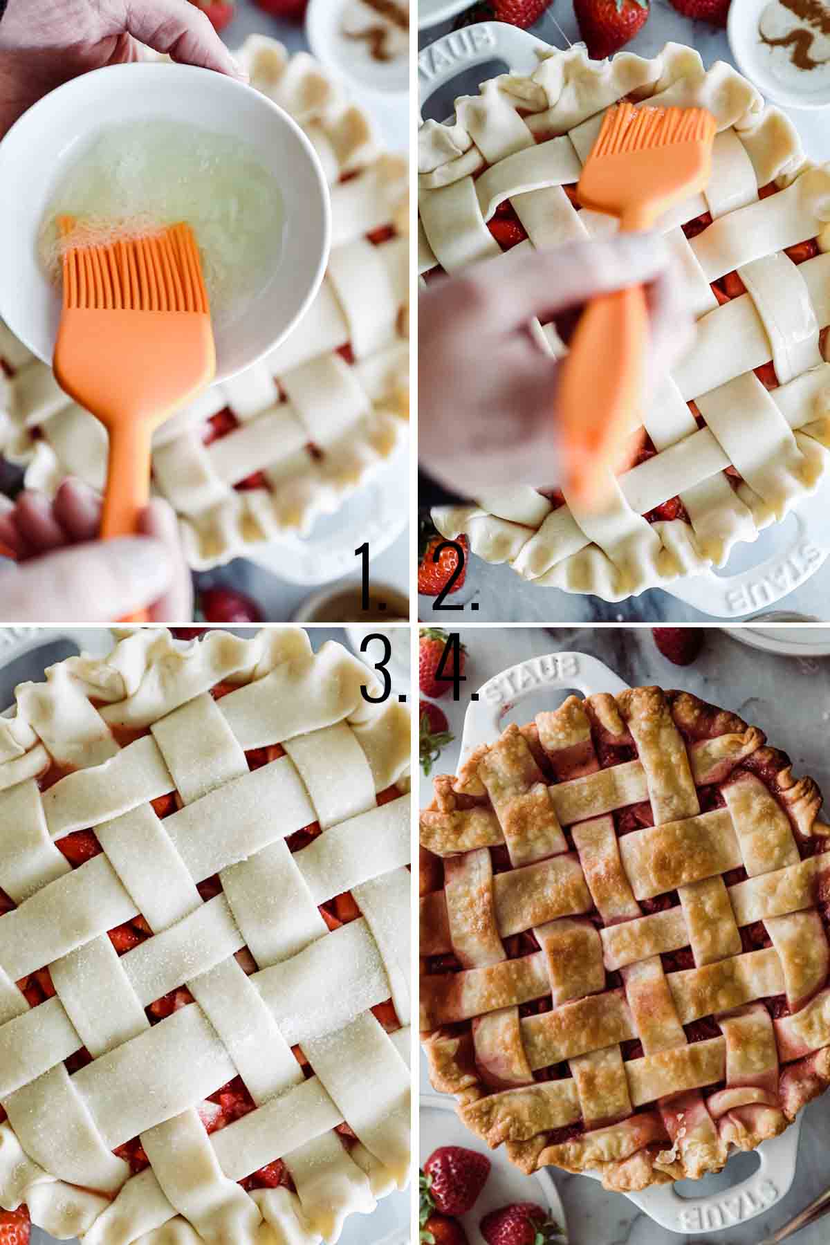 Orange brush brushing egg wash on the top of the pie and sprinkling sugar on top. 