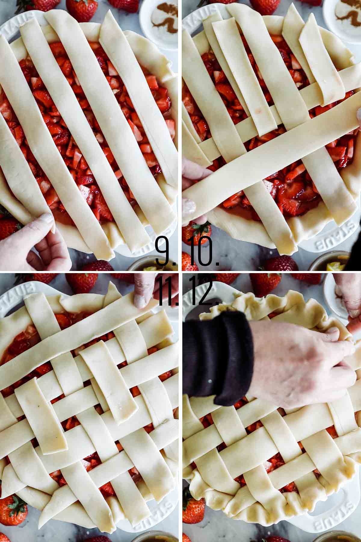 Four images showing how to make a lattice pie crust. 