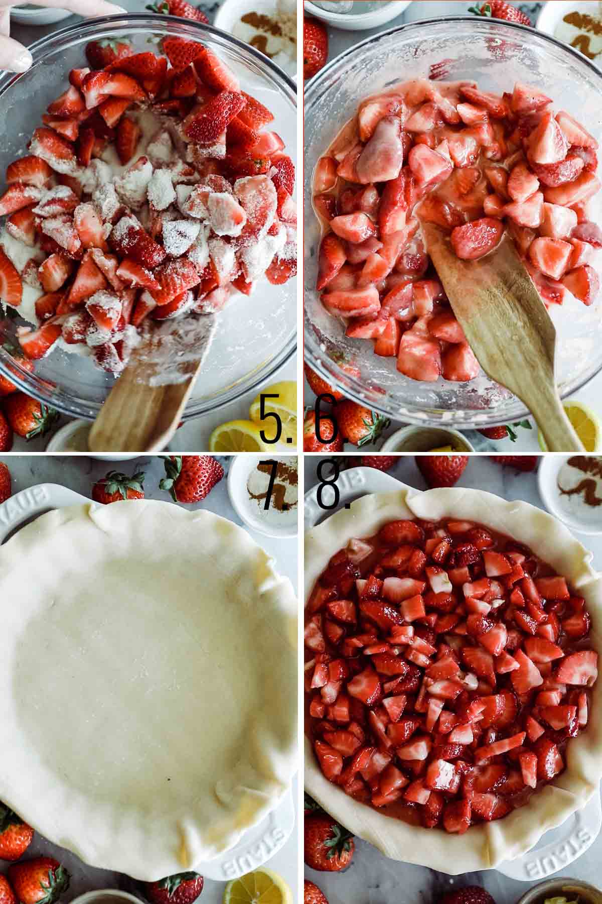 Stirring the dry ingredients together with strawberries and placed in a pie pan with pie crust. 
