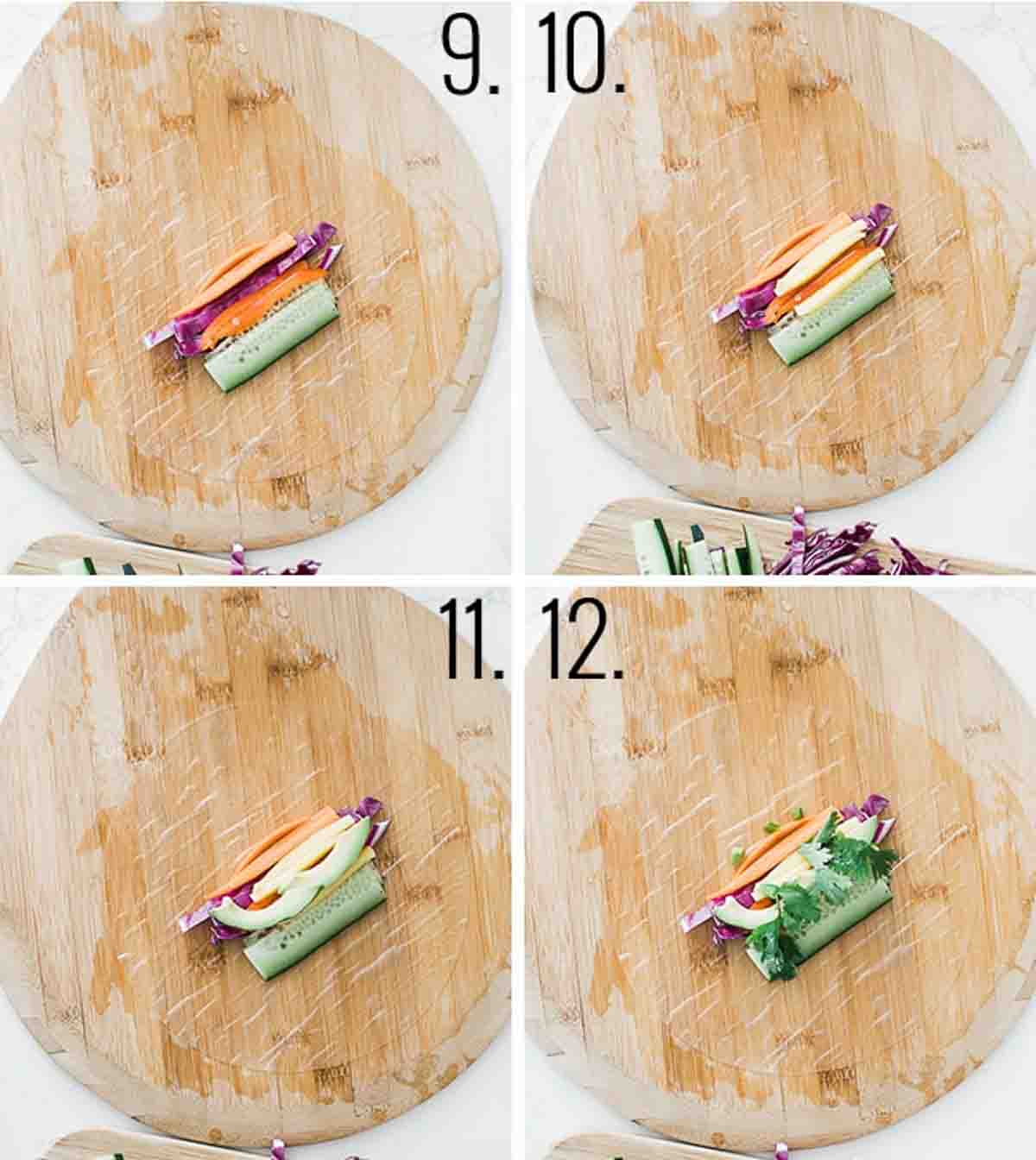 A collage of images showing adding the ingredients to the rice paper for fresh spring rolls.