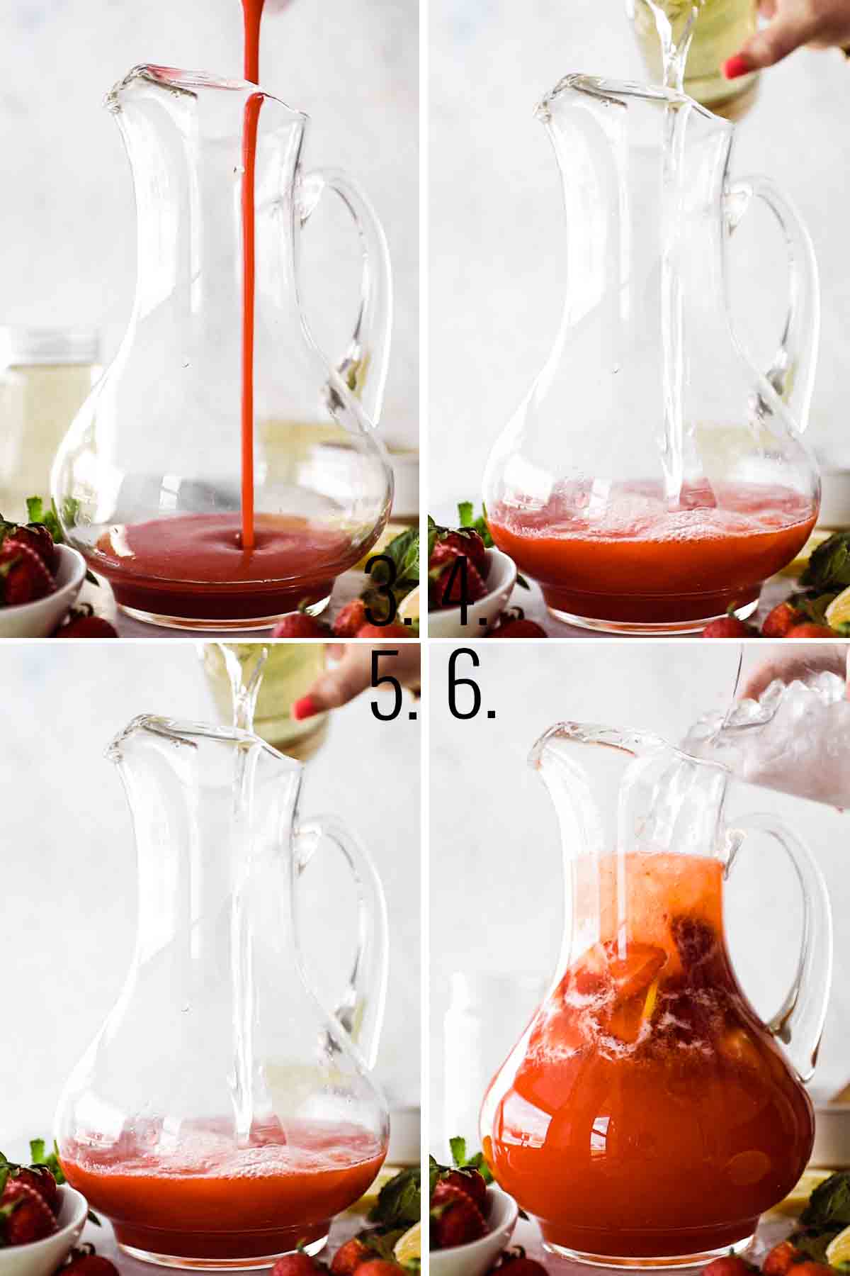 Four photos of a pitcher adding different ingredients. 
