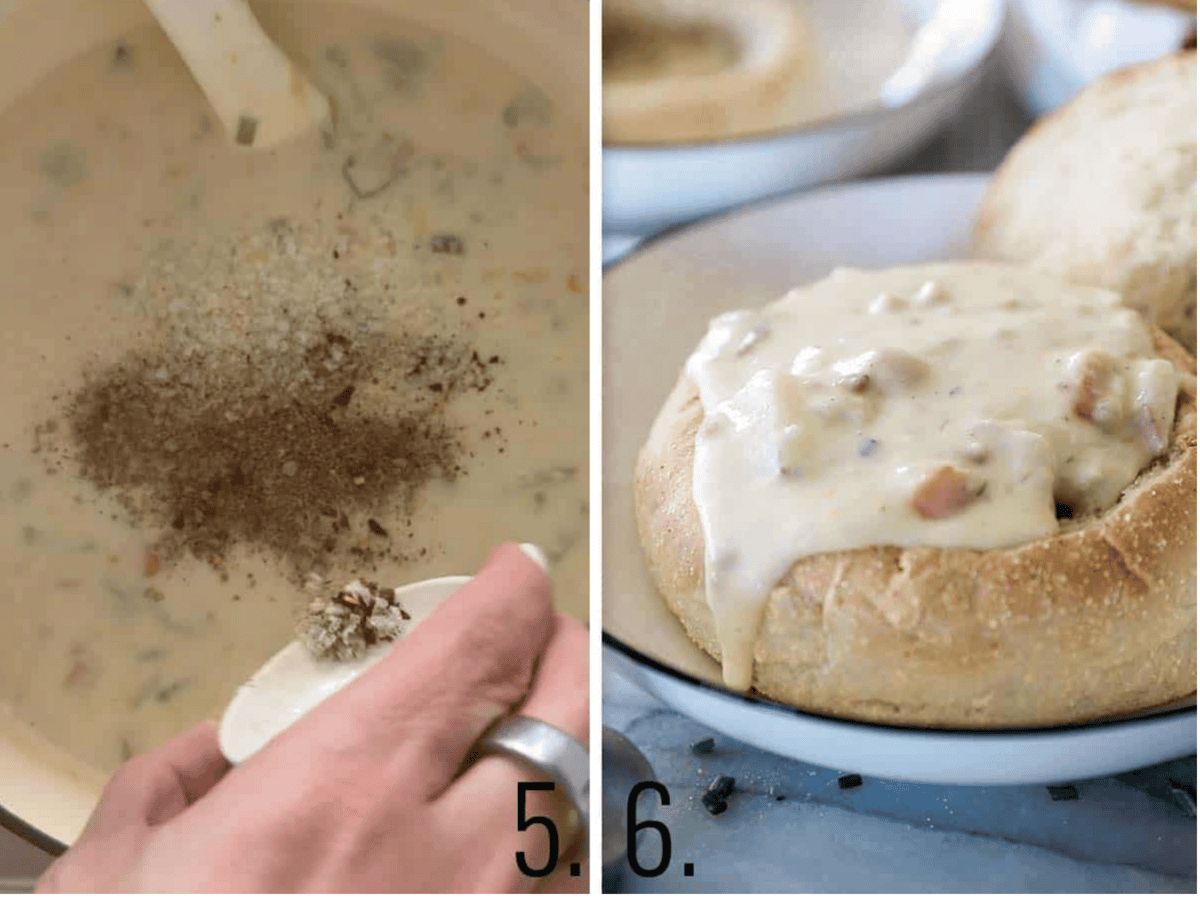 Clam chowder being poured into a bread bowl.