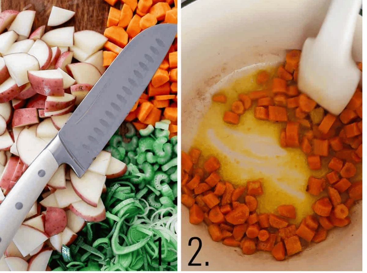 Chopped veggies for making clam chowder.